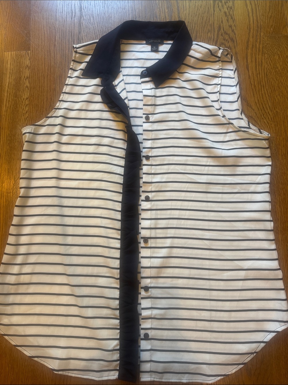 Ann Taylor Navy & White Striped Polo Top Like New sheer ruffle trim with buttons